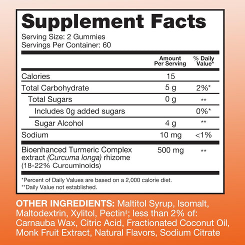 Qunol Zero Sugar Turmeric Gummies, 120 Count with 500mg Turmeric Curcumin for Joint Support