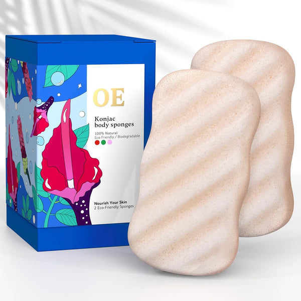 Konjac Body Sponge (2 Pack), 100% Natural & Microplastic Free, Non-Toxic, Biodegradable, Eco-Friendly Packaging
