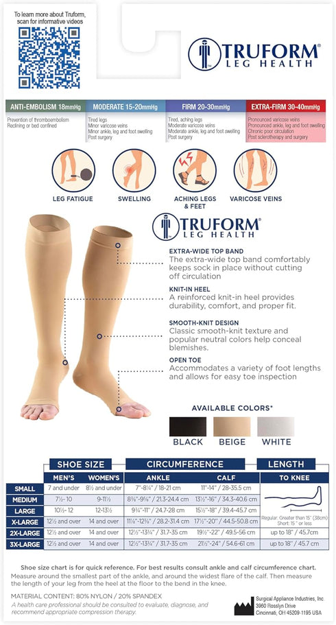 Truform Compression Stockings 30-40 mmHg, Knee High, Open Toe, Black, 3X-Large for Men and Women
