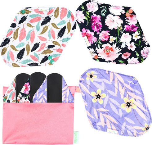 Wegreeco Reusable Menstrual Pads, Soft Cloth Sanitary Pads & Panty Liners, 6 Pack with 1 Cloth Mini Wet Bag (Large)
