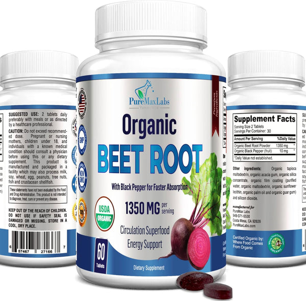 Organic Beet Root Powder Tablets - 1350mg with Black Pepper for Faster Absorption - 60 Tablets for Energy and Stamina