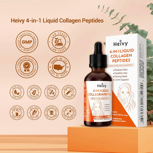 Liquid Collagen for Women, 4-in-1 Collagen Peptides with Biotin, 25000 MCG Drops, Raspberry Flavor