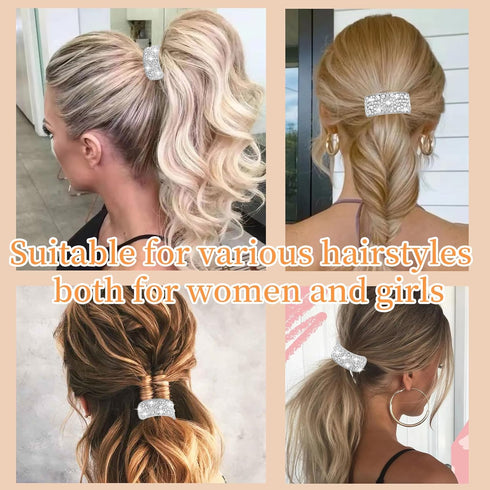 YISSION 4Pcs Sparkly Rhinestone Hair Ties, Fancy Crystal Ponytail Holders for Thin Thick Hair, Silver Accessories