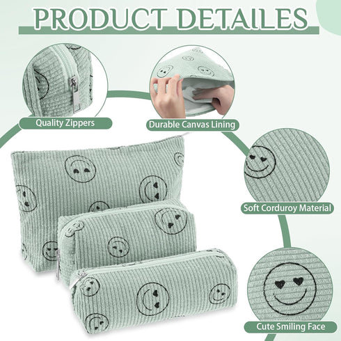 3 Pcs Makeup Bag Corduroy Set - Cute Preppy Cosmetic Bags for Women, Smile Small Pouch (Green, Smile Face)