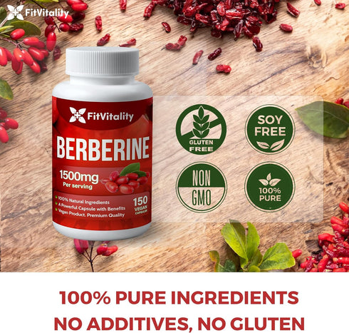 Premium Berberine Supplement, 1500mg Berberine Per Serving, 150 Capsules, 100% Pure, Support Immune System Function, Non-GMO, Gluten-Free