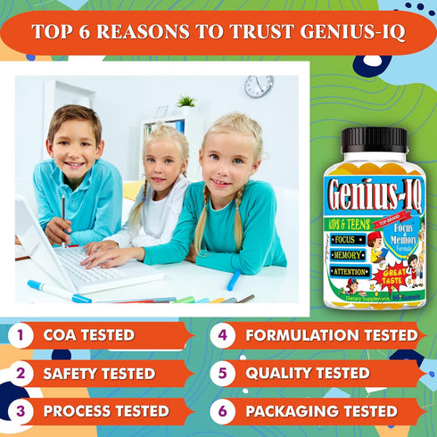 Genius IQ Kids Brain Supplements for Memory and Focus, Omega 3-6-9 Gummy Vitamins, 60 Gummies