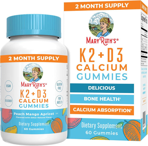MaryRuth Organics Calcium with Vitamin D & K2, 60 Count Gummies, Vegan, Non-GMO, 2 Month Supply for Bone Health