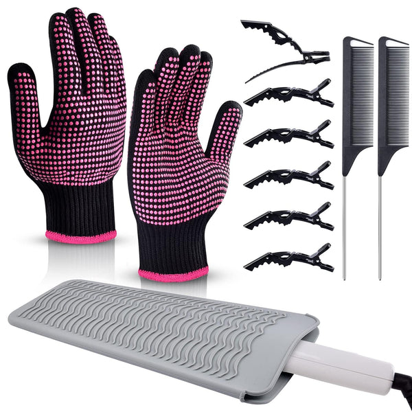 MORGLES Heat Resistant Gloves - 2 Pcs Professional Heat Gloves for Hair Styling with 6 Hair Clips & 2 Styling Combs