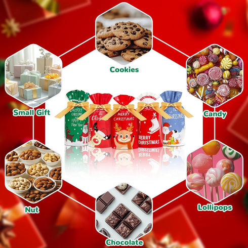 DLY 50 Pcs Christmas Candy Bags - Plastic Drawstring Gift Bags for Treats and Party Favors