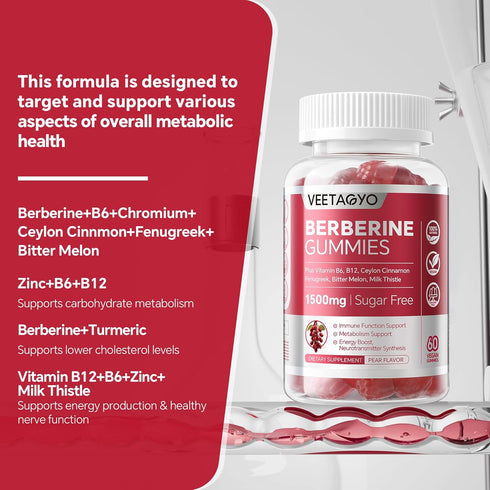 Berberine Supplement 1500mg, Sugar Free Berberine with Ceylon Cinnamon Gummies, 120 Cts
