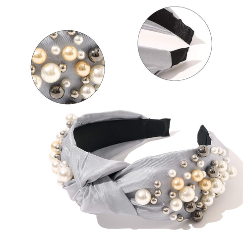 Ivyu Knotted Pearl Headbands for Women - Fashion Hair Accessories, No Slip Top Knot Headband Gift (White Gray Beige)
