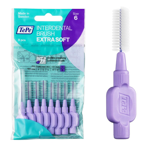 TEPE Interdental Brush Extra Soft, Supersoft Dental Brush for Teeth Cleaning, Pack of 8, 1.1 mm, Large Gaps, Purple