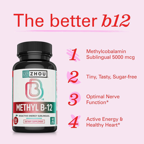 Zhou Nutrition Methyl (Vitamin B12) Lozenges, 5000 mcg for Maximum Absorption and Active Energy, Vegan, Cherry, 60 Count