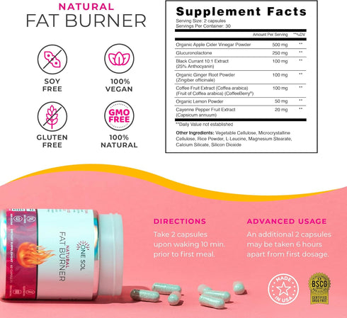 One Sol Fat Burner for Women, Natural Metabolism Booster, Boost Energy & Mood, Curb Appetite, All-Natural Ingredients