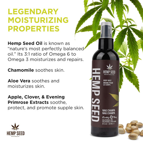 Hemp Seed Body Mist - 8 fl oz, Moisturizes & Protects Skin with Hemp Seed Oil, Chamomile & Aloe Vera, Vegan