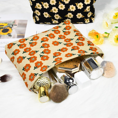 2 Pieces Large Corduroy Makeup Bag, Orange Black Flower Cosmetic Bag, Cute Aesthetic Travel Toiletry Organizer for Women