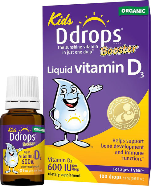 Ddrops Kids Booster 600IU, 100 Drops - Daily Liquid Vitamin D for Kids, No Preservatives, Non-GMO