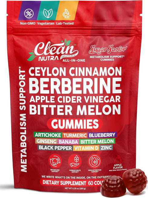Sugar Savior Ceylon Cinnamon Berberine Gummies Apple Cider Vinegar Artichoke Turmeric Blueberry