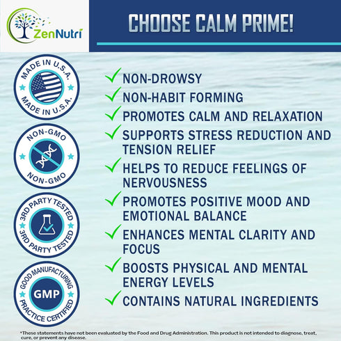Calm Prime Stress Relief Supplement Non-Drowsy | Mood Support | Vegan Daytime Stress Vitamins - 60 Count