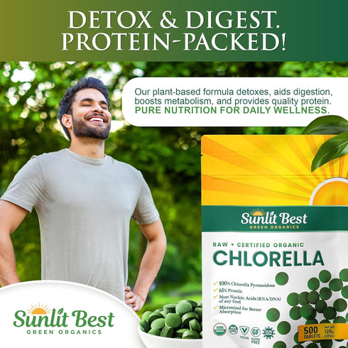 Sunlit USDA Organic Premium Chlorella Tablets, 500 Tabs, 100% Pure Superfood Supplement High in Protein and Vitamins