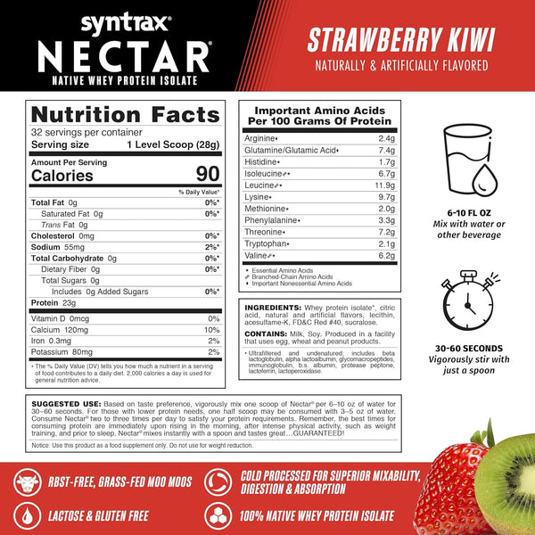 Syntrax Nutrition Nectar, 100% Whey Isolate Protein Powder, Strawberry Kiwi Flavor, 2 lbs