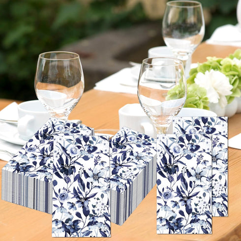 100 Blue Floral Paper Napkins - Disposable Spring Flower Guest Napkins for Party, Kitchen, Wedding, Baby Shower