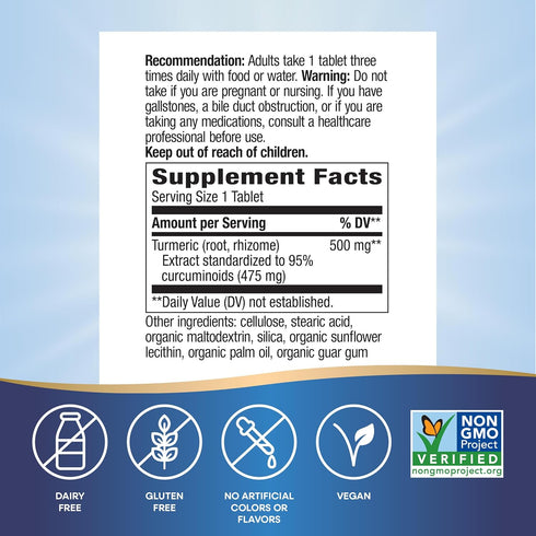 Nature's Way Turmeric Premium Extract, 500 mg per Serving, 60 Tablets, Non-GMO Project Verified for Joint Health*