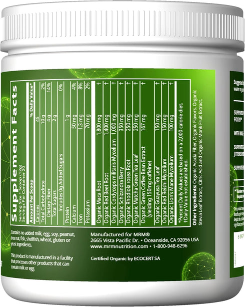 MRM Nutrition Organic Pre-Workout Powder | Black Cherry Flavored | Superfoods + 150mg Natural Caffeine