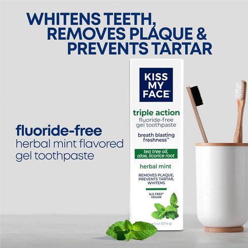 Kiss My Face Triple Action Toothpaste Gel, Herbal Mint Flavor, 4.5 oz, 3 Pack, Fluoride Free, Vegan