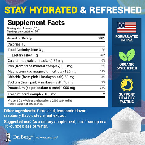 Dr. Berg Zero Sugar Hydration Keto Electrolyte Powder - Raspberry & Lemon Flavor - 50 Servings - 1000 mg Potassium &