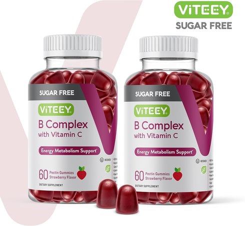 Vitamin B Complex Gummies with Vitamin C, Sugar Free - Energy, Metabolism & Nerve Health - B6, B12, Folic Acid, Biotin - Vegan, Gelatin Free, GMO Free - Tasty Chewable Strawberry Flavored Gummy