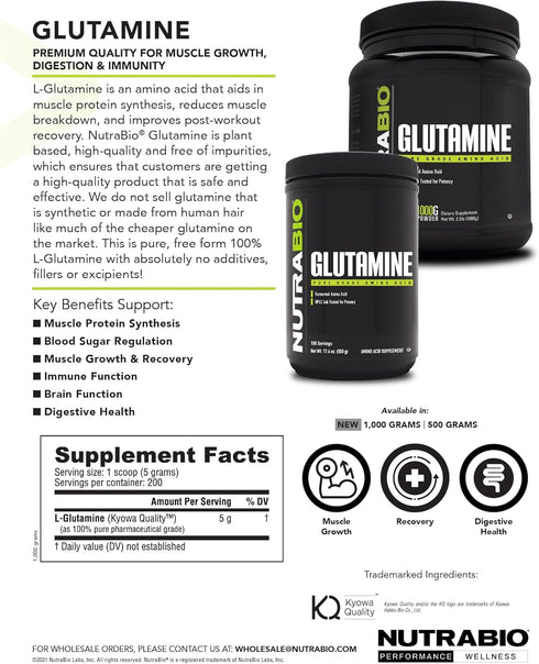 NutraBio Pure L-Glutamine Powder - 500 Grams - Muscle Recovery Supplement, No Additives or Fillers