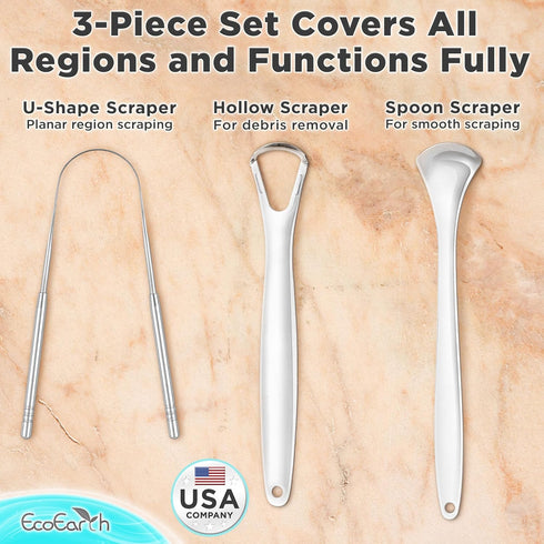 Set of 3 Tongue Scrapers for Adults, Tough Metal Tongue Cleaner with Storage Case, Stainless Steel for Fresh Breath