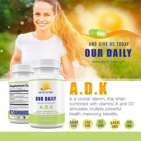 Our Daily Vites ADK Supplement - Vitamin A, D3 & K2 (as MK7) - Bone, Immune System Support - 180 CT Vegetable Capsules