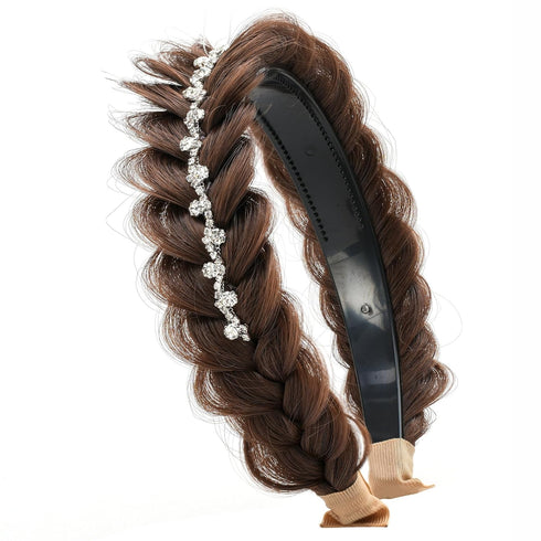 Wide Fishtail Braid Braided Headband Crystal Deco Style Messy Braided Headband Hoop Elastic Non-slip Band for Women and Girl Fashion Hair Accessories(Chocolate)
