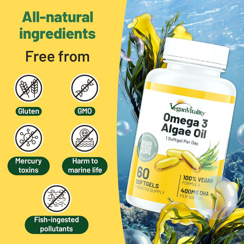 Vegan Vitality Vegan Omega 3 Supplement, 60 Plant Based Algae Omega 3 Oil Soft Gels
