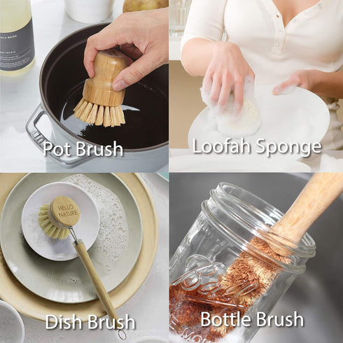 Hello Nature 6pcs Set 3 Set Plant-Based Kitchen Brush by , Sustainable & Biodegradable Natural Fibre Bamboo Dish