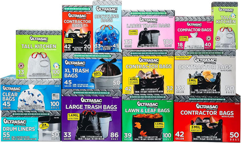 Ultrasac Extra Heavy Duty Contractor Bags - 42 Gallons, 4 Mil (32 Pack w/Ties) - 33" x 48" Thick Professional Trash Bags