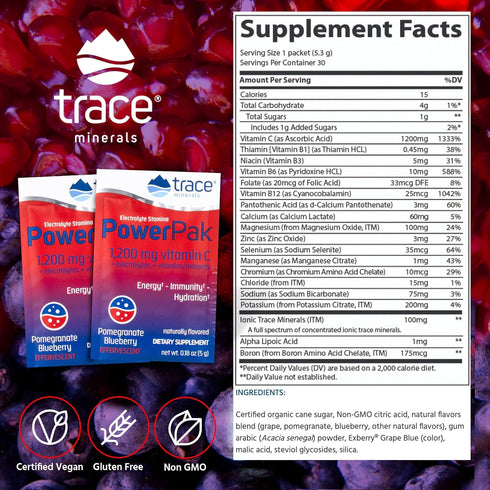 Trace Minerals Power Pak Electrolyte Powder Packets | 1200 mg Vitamin C, Zinc, Magnesium | 30 Packets