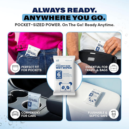 Pack 99.5% 10 Packs 6 (60 Zero Trace Flushable Wipes Portable Travel Wipes Pocket Size for Adults, Kids & Baby Care