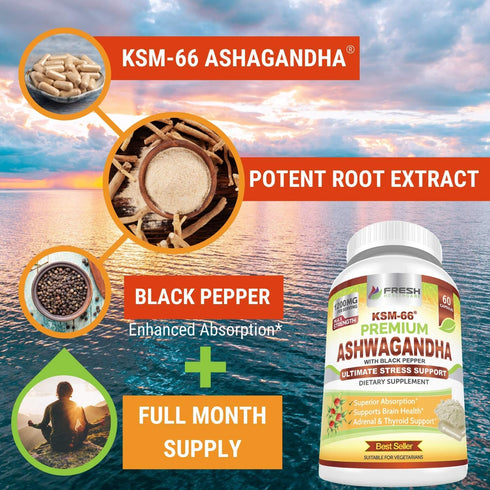 FRESH HEALTHCARE Ashwagandha Capsules KSM-66, 1200mg Pure Root Extract, 60 Vegan Capsules