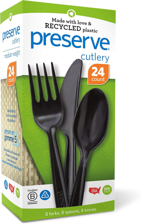 Preserve Recycled Plastic Cutlery Made in USA, 24 Count (8 Forks, 8 Knives, 8 Spoons), Black by Preserve