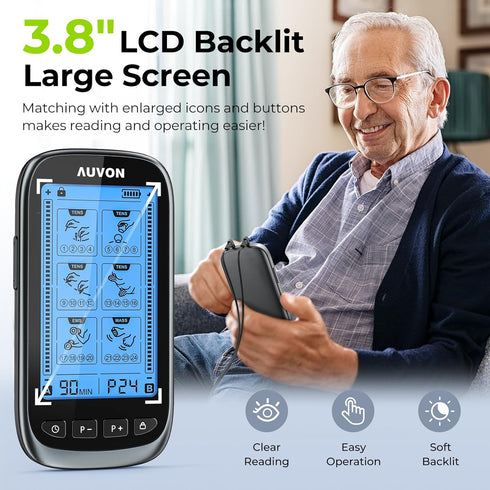 AUVON 3-in-1 TENS Unit Muscle Stimulator, Dual Channel Electronic Pulse Massager, 24 Modes for Pain Relief Therapy