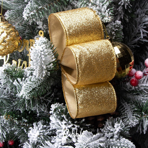 Ribbli Gold Glitter Wired Ribbon, 2-1/2 Inch x 10 Yards, Gold Metallic Edge, Christmas Wreath, Tree Decoration, Home
