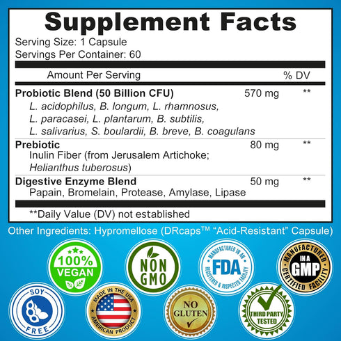 Probiotics with Digestive Enzymes and Prebiotic for Gut Health - 3-in-1 Vegan Multi Enzyme Complex for Women and Men