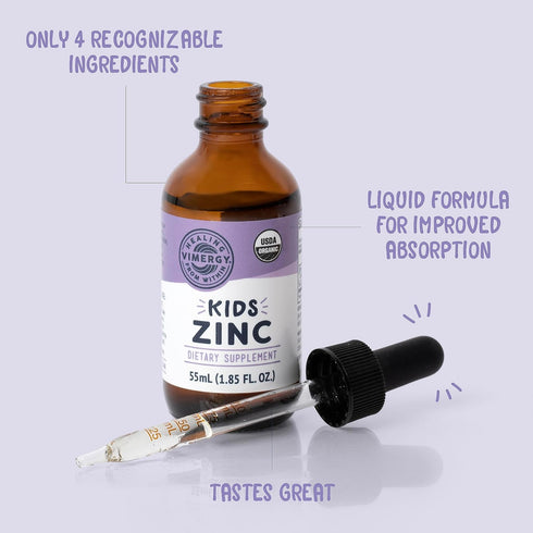 Vimergy Kids Organic Liquid Zinc – Fast-Absorbing Immune Support – Promotes Healthy Bones & Skin – 55 mL, USDA Organic