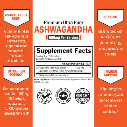 Ashwagandha Supplements - Extra Strength 500mg Capsules with 20 to 1 Root Extract, Stress Relief, Vegan Safe, 60