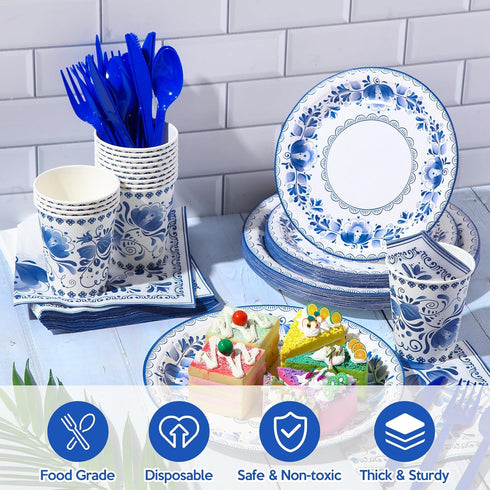 175 Pcs Blue White Floral Disposable Tableware Set for 25 Guests - Paper Plates, Napkins, Cups, Cutlery for Parties