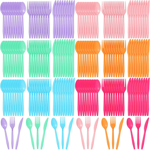 Sunnychicc 180 Pcs Candy Color Silverware Set Disposable Plastic Knife, Fork and Spoon