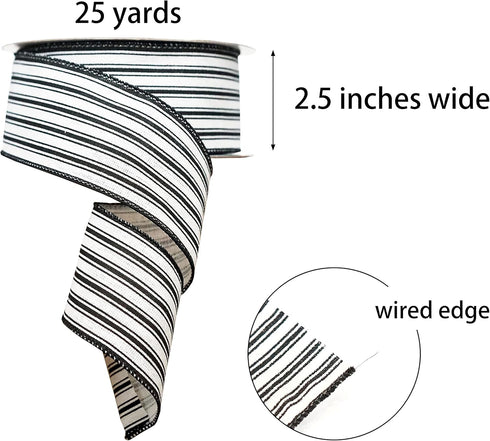 Black and White Striped Ribbon Wired, 2.5 inch x 25 Yards Christmas Wired Edge Ribbon, Ticking Stripe for Wreath, DIY Craft Gift Wrapping, Farmhouse (Black & White, Yards) by Cintago